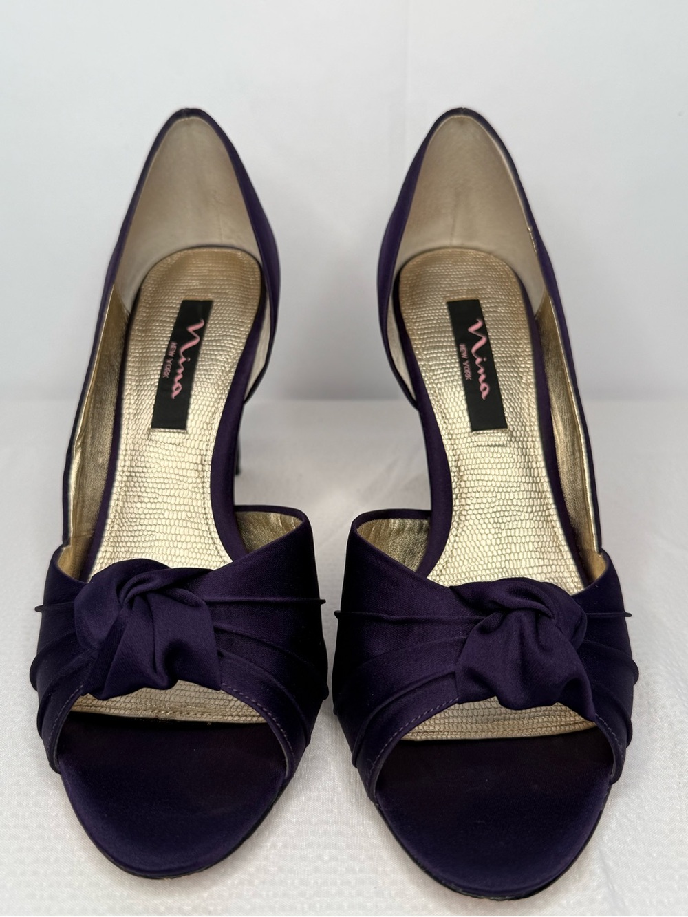 Nina Purple Satin Knotted Peep-Toe Heels